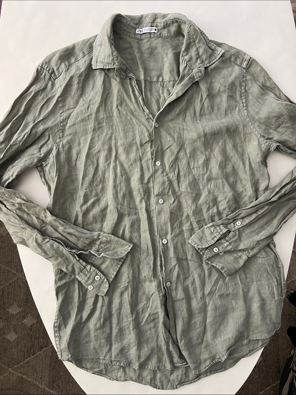 Zara Sage Green Lightweight 100% Linen Button Down Long Sleeve Top Large - Picture 2 of 6